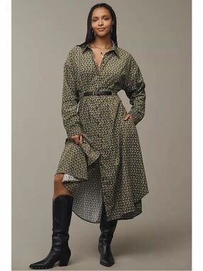 Anthropologie Green Floral Belted Midi Shirt Dress Button Front Fall Boho Chic 2